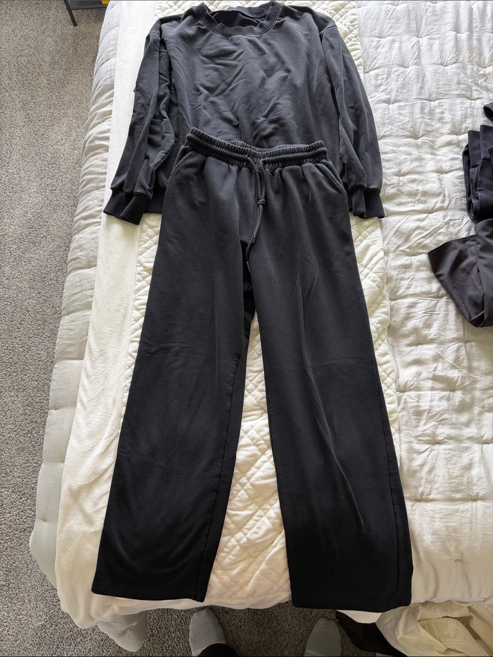 Black Two-Piece Lounge Set - Crewneck Top & Wide Leg Pants